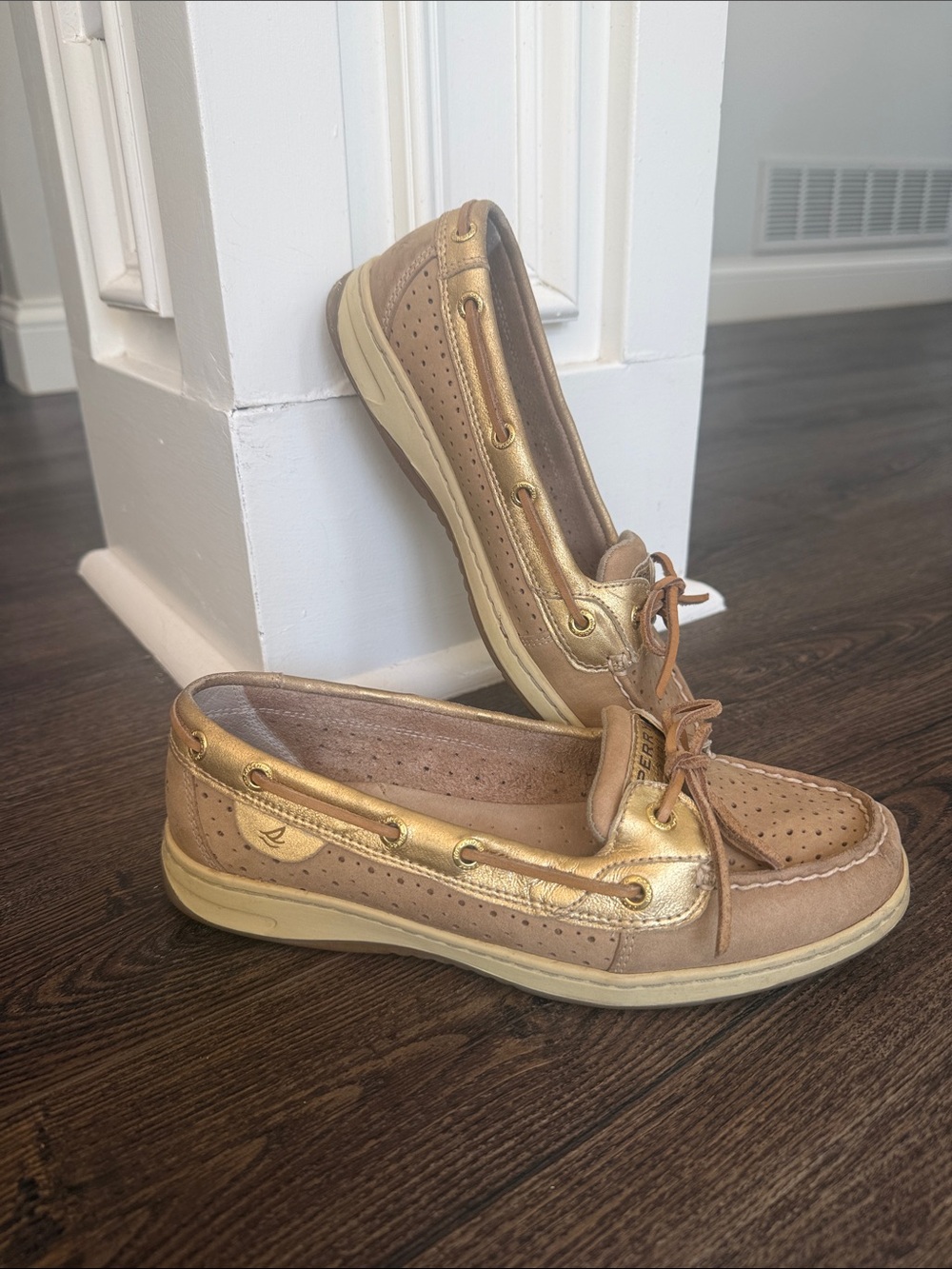 Sperry Metallic Gold and Tan Perforated Boat Shoes 7.5